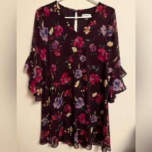 Calvin Klein Floral Long Sleeve Dress - Black and Purple